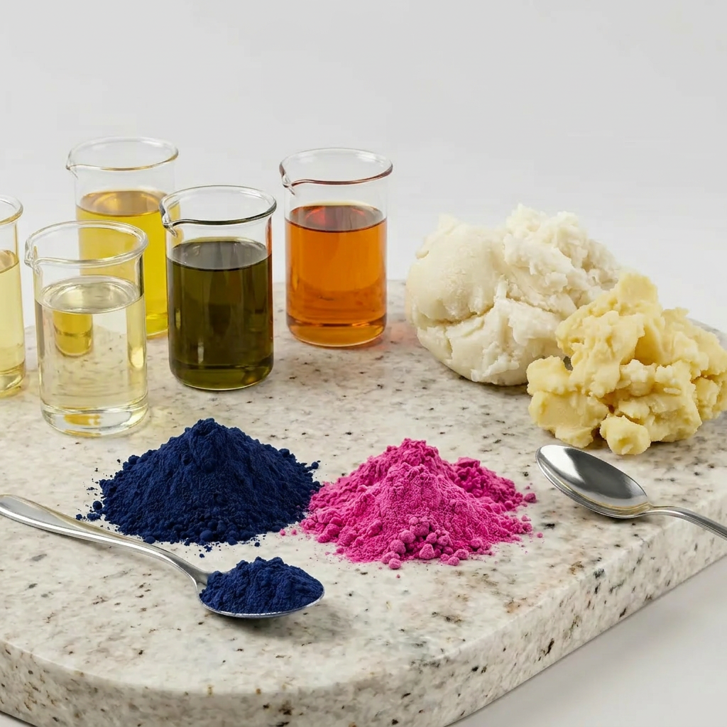 Oils, butters and colored powders on marble