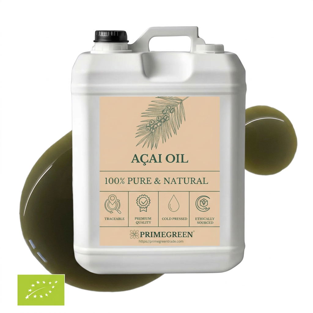 Jug of Acai oil with a visible brand logo on a white background