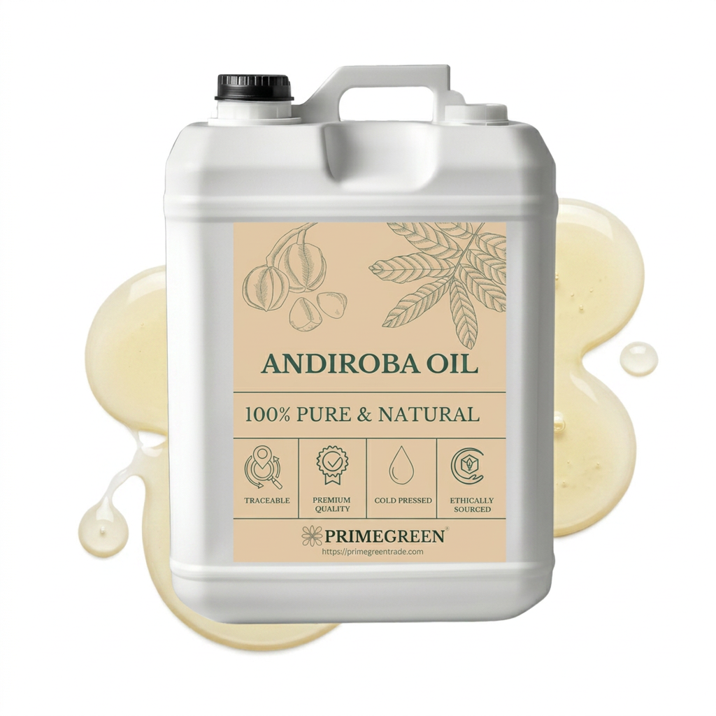 Jug of Andiroba oil with a beige label on a white background