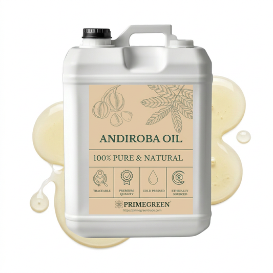 Jug of Andiroba oil with a beige label on a white background