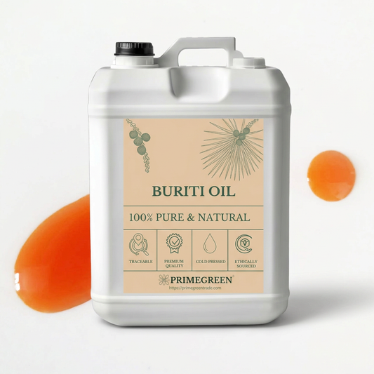 Jerrycan of buriti oil with orange drops in the background