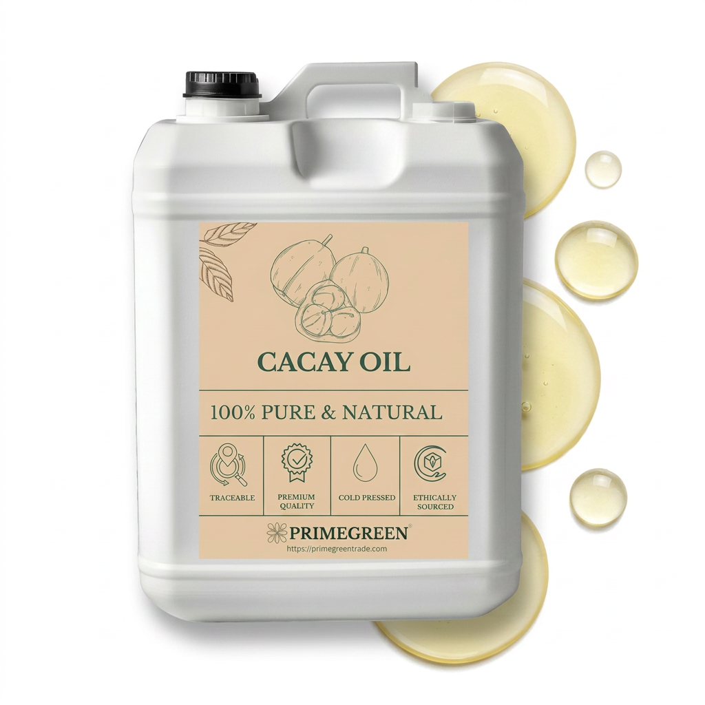 Jerrycan of cacay oil with oil drops in the backgound