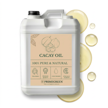 Jerrycan of cacay oil with oil drops in the backgound