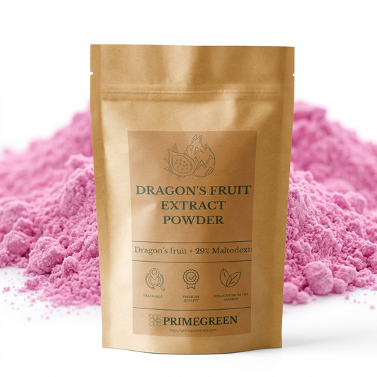 a pouch with dragon's fruit extract powder and the pink powder in the background