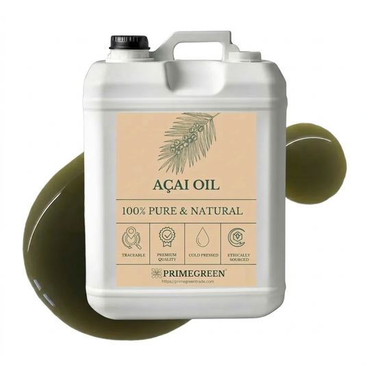 Jug of Acai oil with a label on a white background