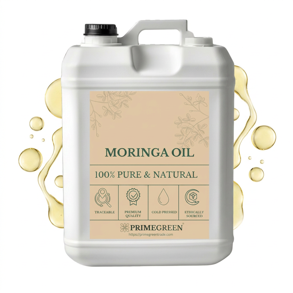 Jerrycan of Moringa oil with drops of oil in the background