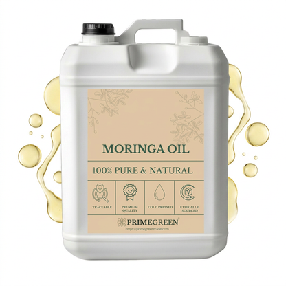 Jerrycan of Moringa oil with drops of oil in the background