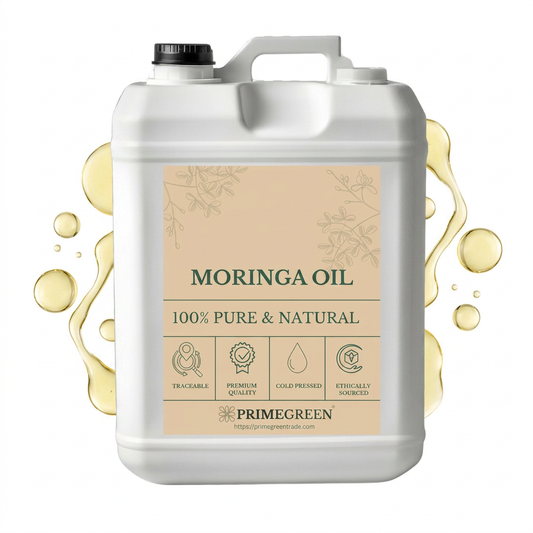 Jerrycan of Moringa oil with drops of oil in the background