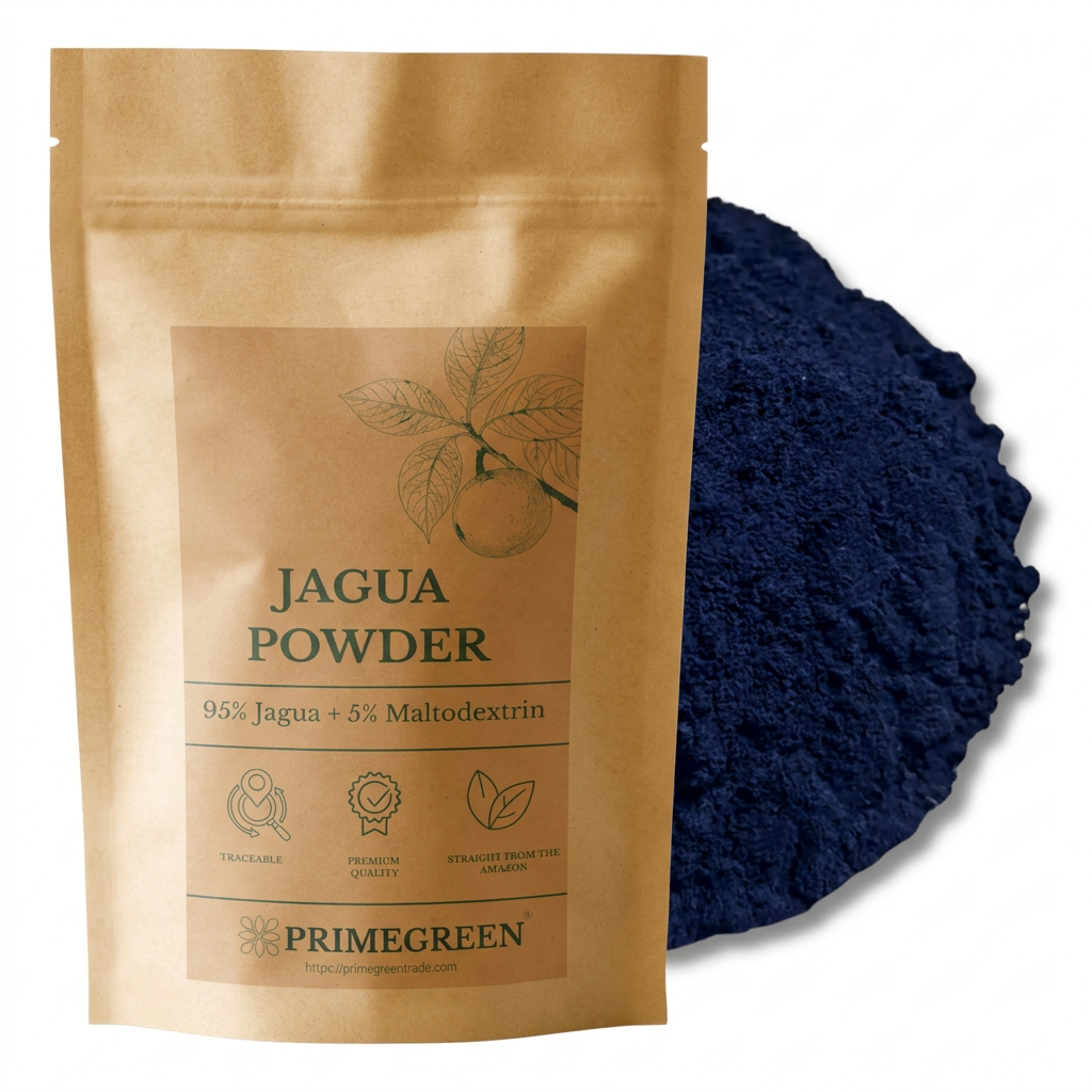 Pouch of Jagua extract powder with the blue powder in the background