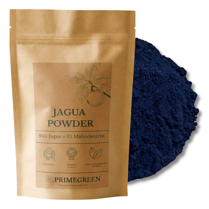 Pouch of Jagua extract powder with the blue powder in the background