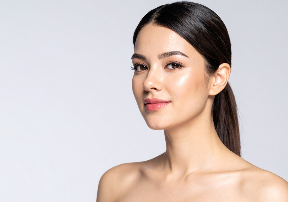 Woman with a ponytail against a plain background with clear skin and healthy hair
