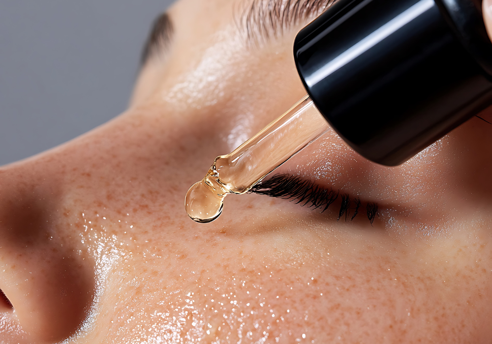 Close-up of a dropper with a drop of liquid being applied to skin.